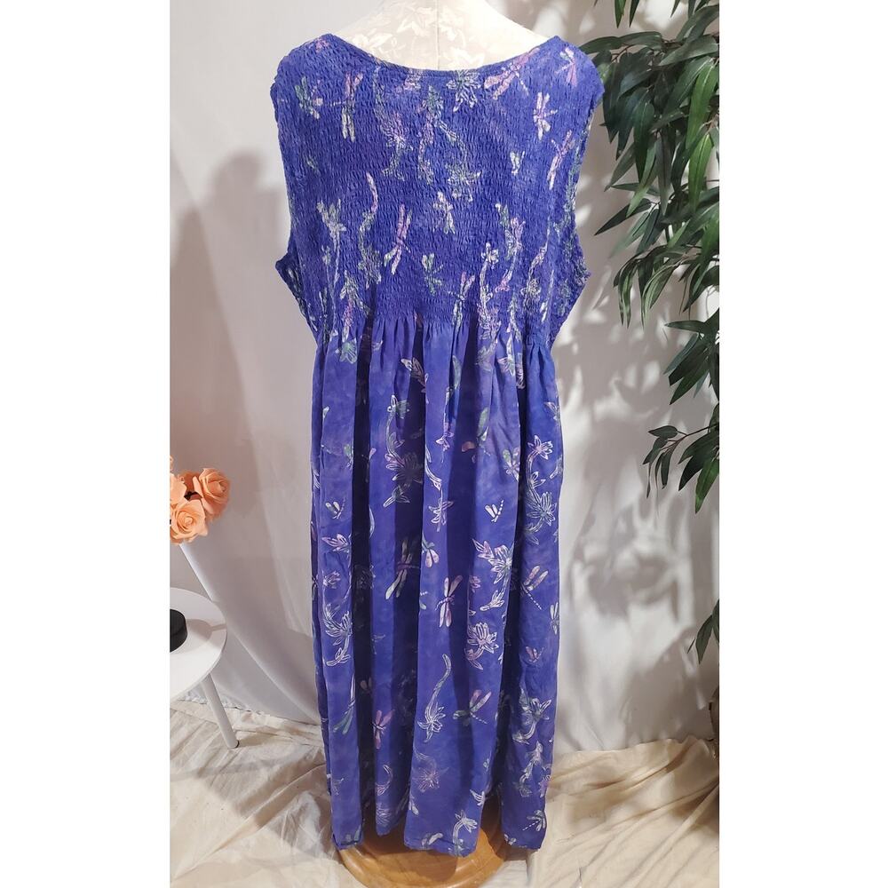 Vintage Lost River Batik Dragonfly Smocked Maxi Dress Size 3X Purple Pockets - Picture 3 of 12